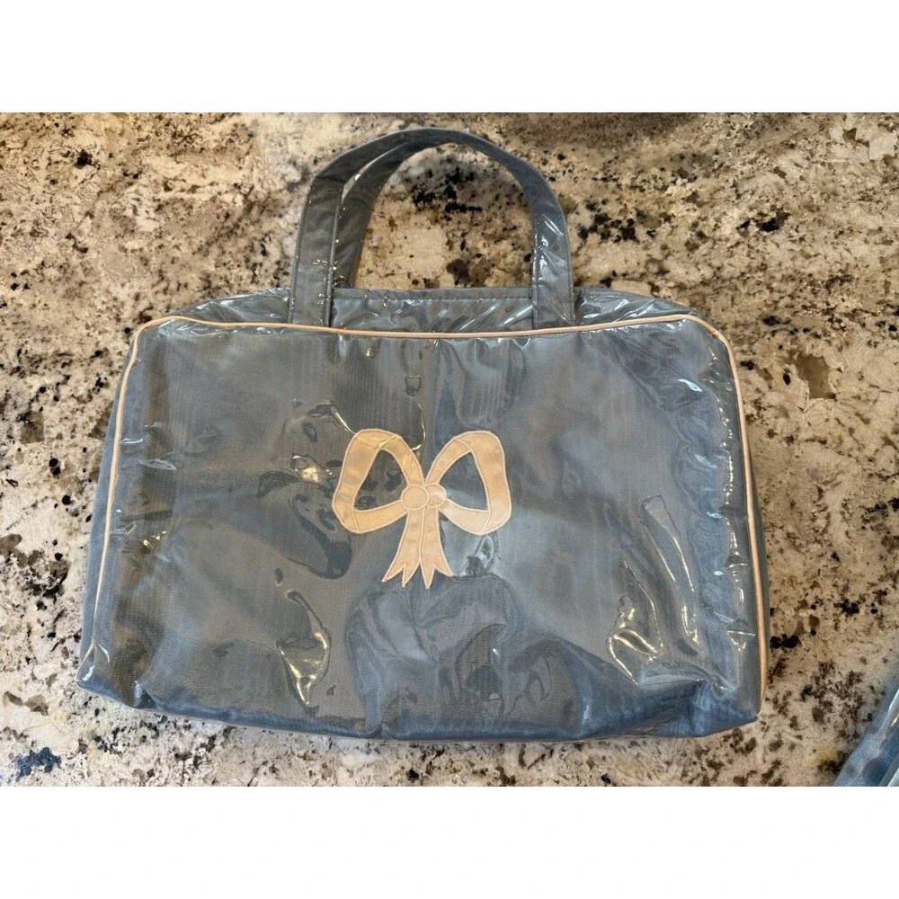 Women’s Travel Toiletry Bag Waterproof Clear Coated  Blue Ribbon Set Of 3